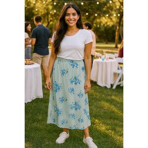 Stitch & Pine Jade Blue Midi Skirt XL Floral Print New with Tags Never Worn